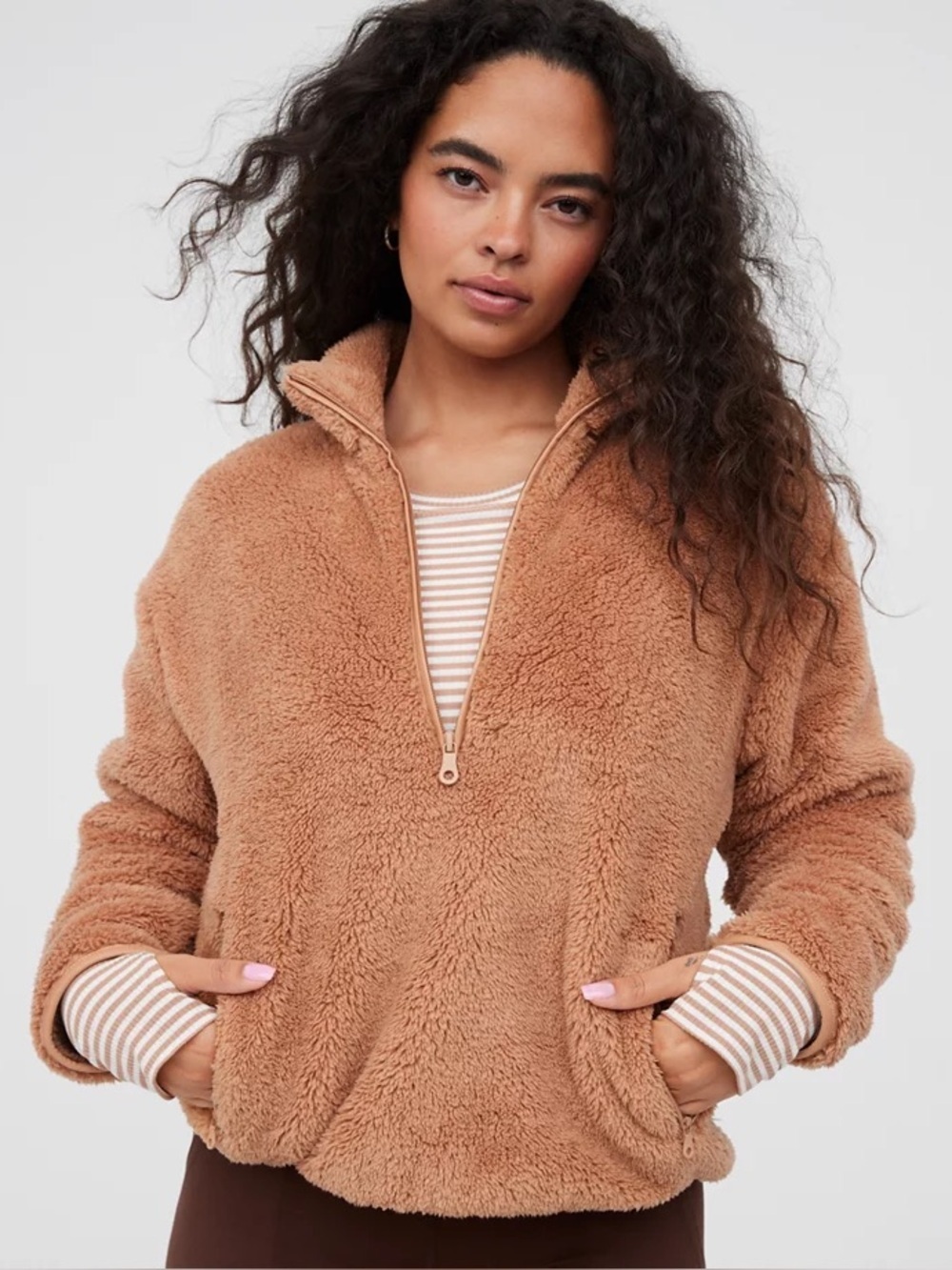 Aerie fluffy Sherpa Cozy quarter Zip Faux Fur Pullover Jacket beach dune xl